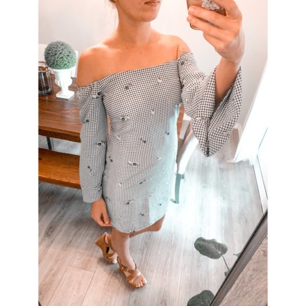 Lucy Paris Gingham Floral Strapless Off shoulder Shift Mini Dress S Blue White